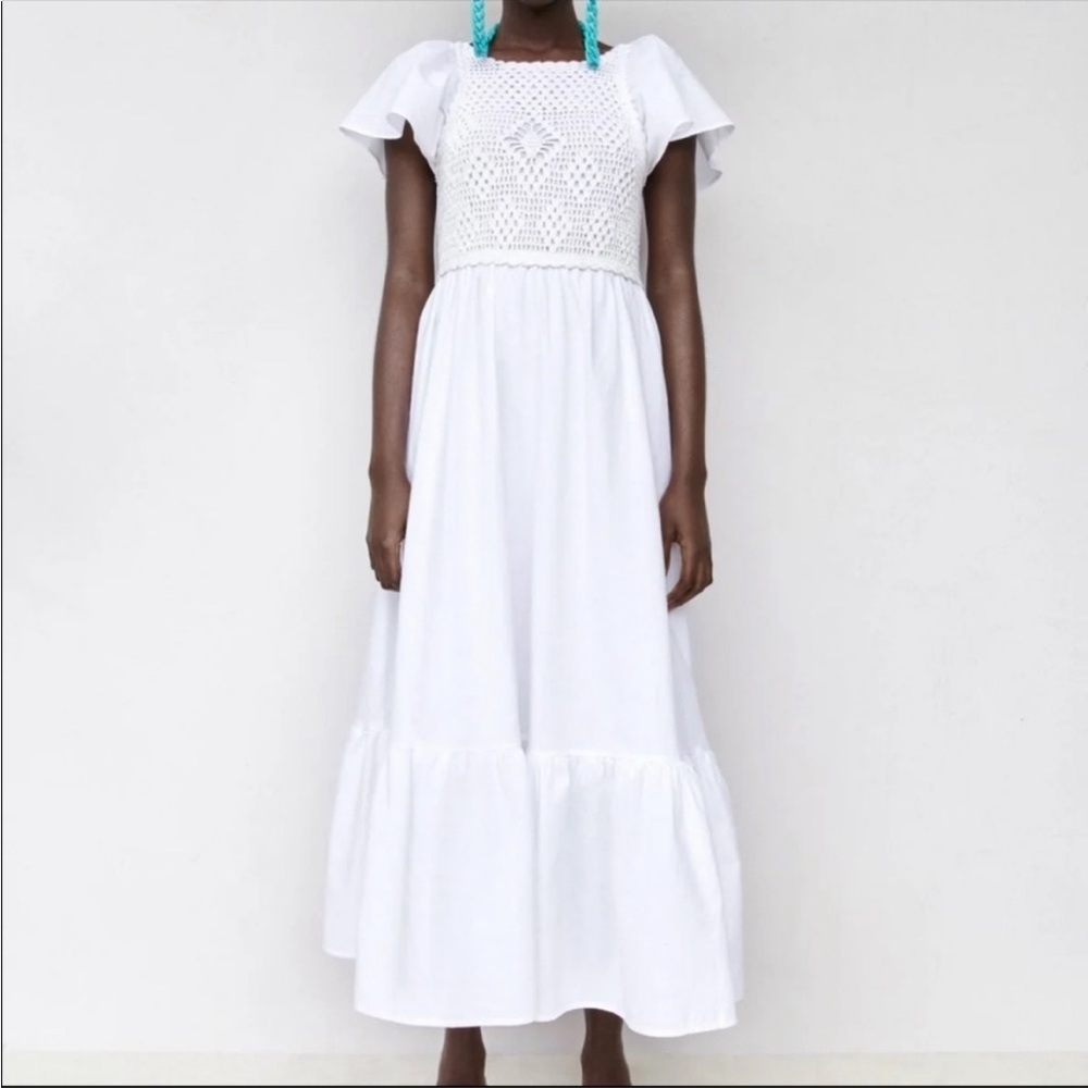 Zara White Linen-Cotton Crochet Front Open Back